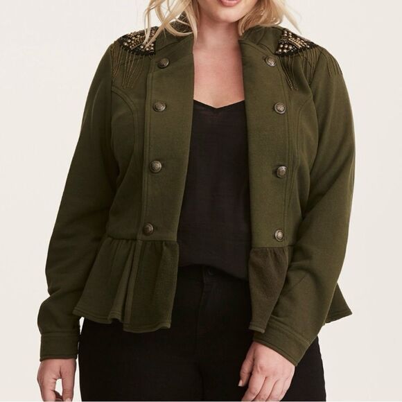 Torrid Embellished Shoulder Military Peplum Hem Knit Jacket Olive Green 3X - Picture 1 of 15